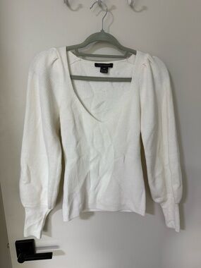 French Connection White Ribbed V-Neck Sweater with Puff Sleeves